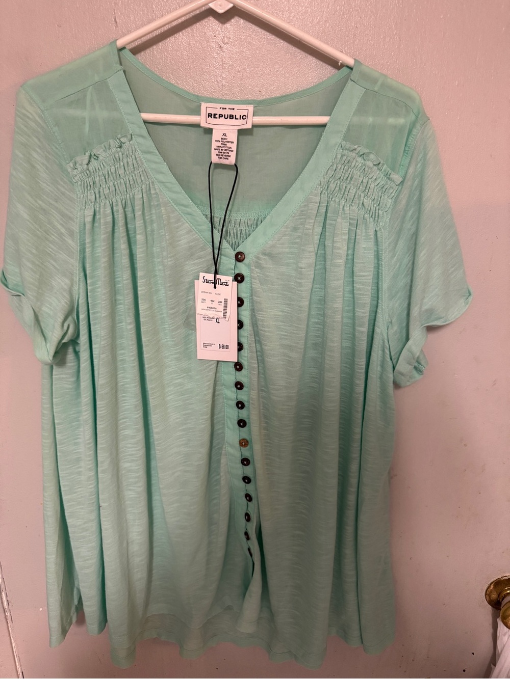 For The Republic Mint Green Button-Down V-Neck Blouse